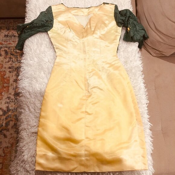 UNBRANDED Hand-Made Vintage 60s Green Lace Yellow Satin Beaded Fitted Dress XXS - Picture 11 of 14